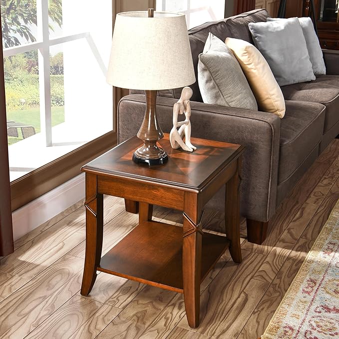 Solid Wood End Table with Storage Shelf, Vintage Rectangle Sofa Side Table with Splicing Tabletop and Carved Leg, BesideTelephone Table Cherry Brown,19.7 * 17.7 * 19.7in CJZ-DR200-Ruum Studio Home