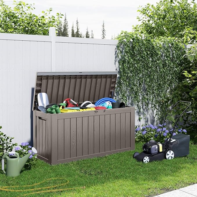 80 Gallon Resin Deck Box, Lockable Patio Outdoor Storage Box for Furniture, Garden Tools and Tools Storage, Waterproof Outside Storage Boxes - Grey-Ruum Studio Home