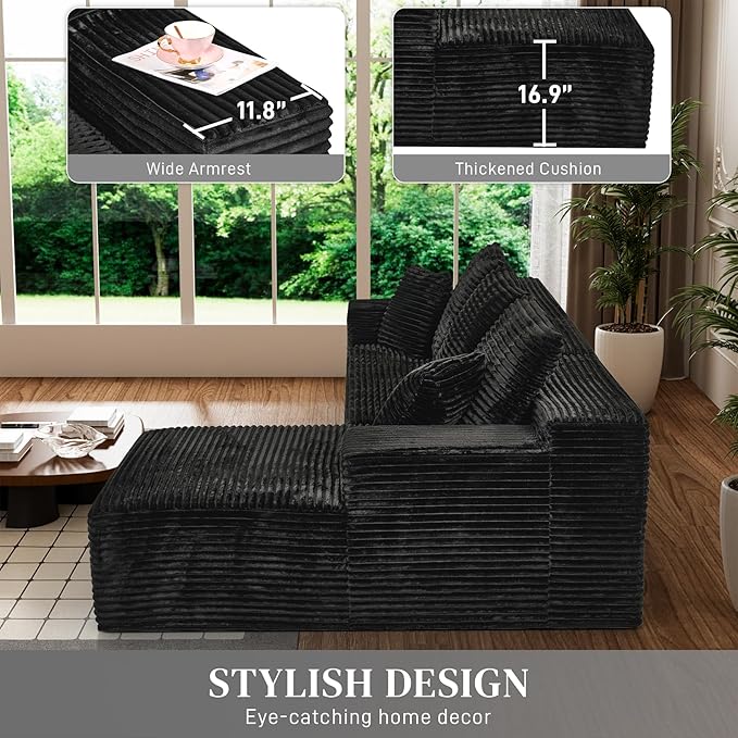 Modular Sectional Sofa Cloud Sectional Couch, 107" Comfy Fluffy L Shaped Black Couches for Living Room, Deep Seat Memory Foam Plush Corduroy Boneless Couch Sectionals with Right Facing Chaise Sofa-Ruum Studio Home