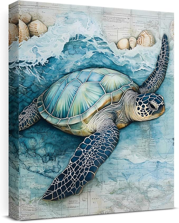 Coastal Sea Turtle Canvas Wall Art Turtle Nautical Ocean Theme Print Poster Framed Picture Painting for Home Beach House Bedroom Wall Decor 8x10 Inch-Ruum Studio Home