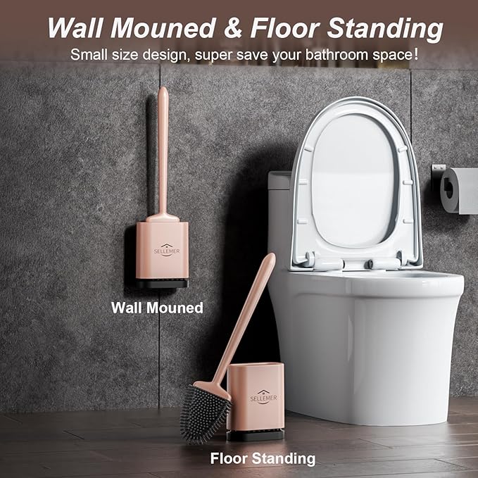 Sellemer Toilet Brush and Holder Set - Flexible Toilet Bowl Brush Head with Silicone Bristles, Compact Size for Storage and Organization, Ventilation Slots Base (1 Pack, Rose Gold)-Ruum Studio Home