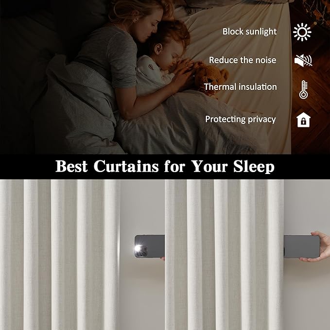 2 PCs Extra Wide Linen Blackout Curtains 102 Inches Long,Back Tab Pleaetd Drapes with Hooks Track System Curtain Panels Room Divider Curtains for Patio Sliding Door Living Room 70 x 102 Natural Birch-Ruum Studio Home