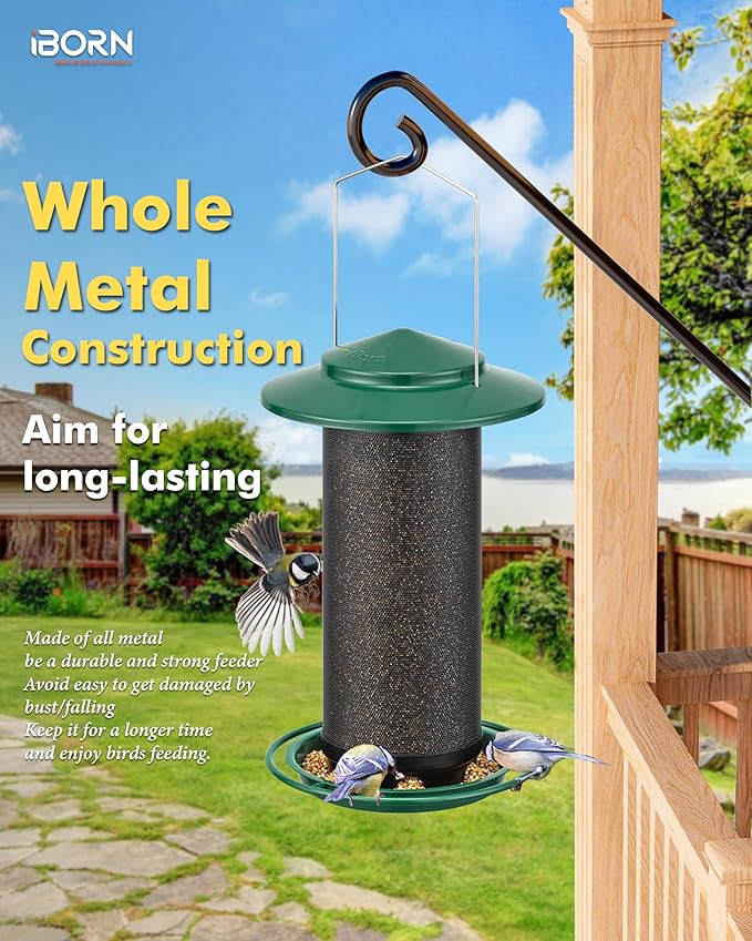 iBorn Bird Feeders for Outdoors, All Metal Mesh Tube, Holding Bird Seed for Outside Feeders,18cm Large Roof, Green, 2.8lb(Seed is not Included)-Ruum Studio Home