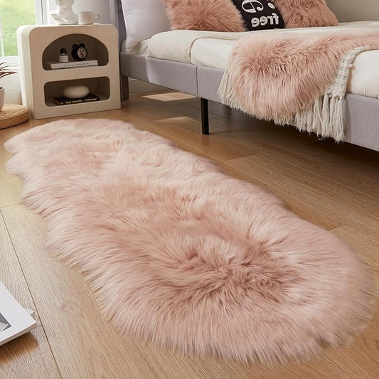 AMTOVO Faux Sheepskin Rug, Pink Ultra Soft Fluffy Shag Area Rug, 2 x 6 ft Faux Fur Rug for Bedroom Sofa Throw Cushion Room Decor, Sheepskin-Ruum Studio Home