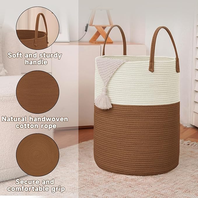 Large Woven Laundry Basket Hamper,80L Cotton Rope Storage Bin for Blankets,Toys and Clothes,Decorative Tall Nursery Hamper for Living Room,Baby Nursery,Bathroom and Bedroom,White and Brown-Ruum Studio Home