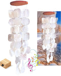 Bellaa 22913 Wind Chimes Outdoor, Garden Decorations, Musical, Indoor/Outside Windchimes, Beach, Ocean Breeze, Gifts for Mom, Gift for All Occasions, Capiz Sea Glass Shells Wood White 27 inch-Ruum Studio Home