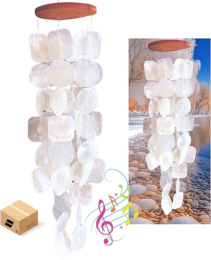 Bellaa 22913 Wind Chimes Outdoor, Garden Decorations, Musical, Indoor/Outside Windchimes, Beach, Ocean Breeze, Gifts for Mom, Gift for All Occasions, Capiz Sea Glass Shells Wood White 27 inch-Ruum Studio Home