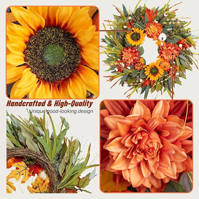 Fall Wreaths for Front Door 24 Inch Fall Wreath with Pumpkins, Sunflowers & Berries – Outdoor Autumn Wreath for Porch, Thanksgiving, Halloween & Harvest Decor-Ruum Studio Home