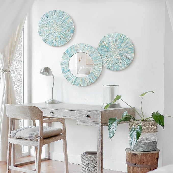 Beach Mirror Wall Decor for Living Room, 3PCS Natural Mother of Pearl Coastal Wall Art Bedroom Bathroom Decoration, Handmade Ocean Round Wall Hanging Sculptures for Home Office Holiday Hotel-Ruum Studio Home