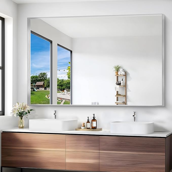 Silver Bathroom Mirror, 60x40 Inch Rectangular Framed Mirror, Large Wall Mounted Bathroom Vanity Mirror Over Sink for Bedroom,Restroom, Living Room, Hangs Vertically or Horizontally-Ruum Studio Home