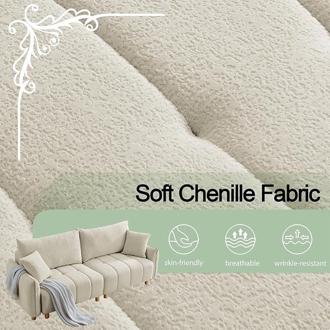 Convertible Sofa Bed, 90" Full Size Sleeper Sofa with Storage, Tufted Chenille 3 Seat Sofa Couches for Living Room, Small Spaces, Guest Room, Apartment, Beige-Ruum Studio Home