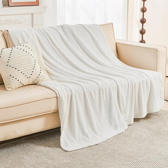 EMME White Throw Blanket Muslin and Fleece Blanket for Women Reversible - 50"*60" Soft & Cozy Warm Lightweight Small Blankets for Couch Bed Picnic Travel Bed-Ruum Studio Home