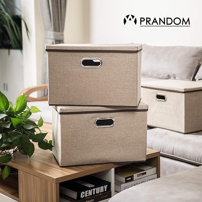 PRANDOM Large Collapsible Storage Bins with Lids [3-Pack] Jute Fabric Foldable Storage Boxes Organizer Containers Baskets Cube with Cover for Home Bedroom Closet Office Nursery (17.7x11.8x11.8)-Ruum Studio Home