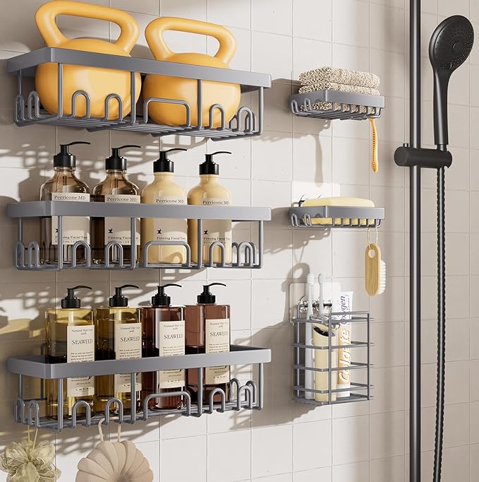 Veken 6-Pack Rustproof & Waterproof Shower Caddy, Adhesive Shelves Rack, Large Capacity Bathroom, College Dorm & Apartment Organizers, No-Drill Wall Mount Living Room & Bedroom Decor, Light Grey-Ruum Studio Home