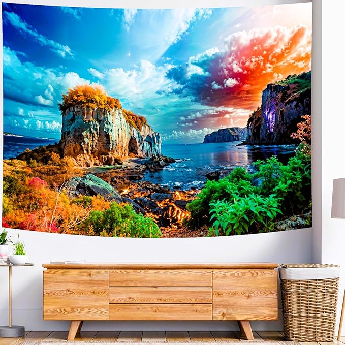 Delur Coastal Ocean Beach Tapestry Tropical Forest Tree Sunrise Sea Landscape Tapestry Wall Hanging Wave Sunset Nature Colorful Spiritual Headboard for Bedroom Living Room Home Decor (59.1" x 78.7")-Ruum Studio Home