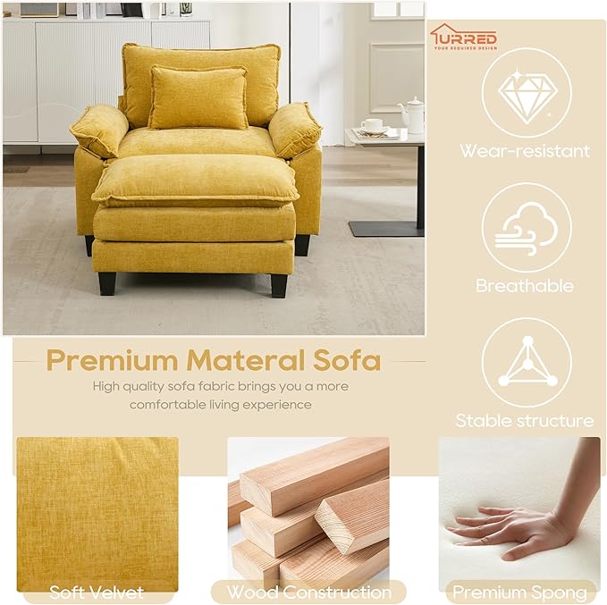 URRED Modular Sectional Sofa Comfy Cloud Couch, Modern Chenille Sofa Sleeper Deep Seat Couches with Ottoman/Pillows for Living Room (Yellow, 53''- Ottoman)-Ruum Studio Home