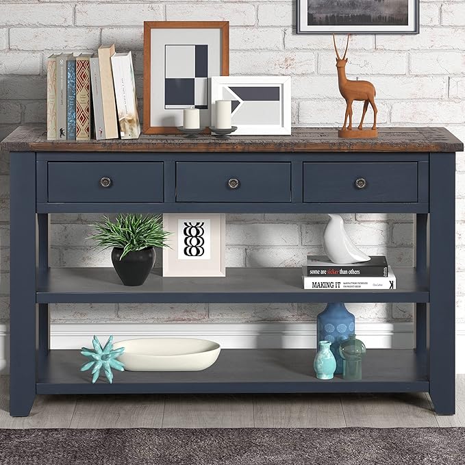 Farmhouse Wood Entry Console Table 48-Inch Modern Sofa Entryway Table with Drawers and Storage Shelves for Entrance Living Room (Blue)-Ruum Studio Home
