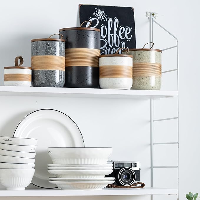Coffee Container Jar with Lid, Ceramic Kitchen Food Storage Jars for Spice Sugar Cookie, Stackable Decorative Jars for Coffee Bar, White & 28oz-Ruum Studio Home