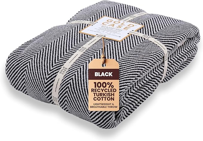 Gold Case Throw Blanket for Bed – 100% Recycled Turkish Cotton Bed Blanket – Decorative Throw Cotton Blankets for Living Room & Bedroom – Woven Twin Blankets - 71x90 - Black-Ruum Studio Home