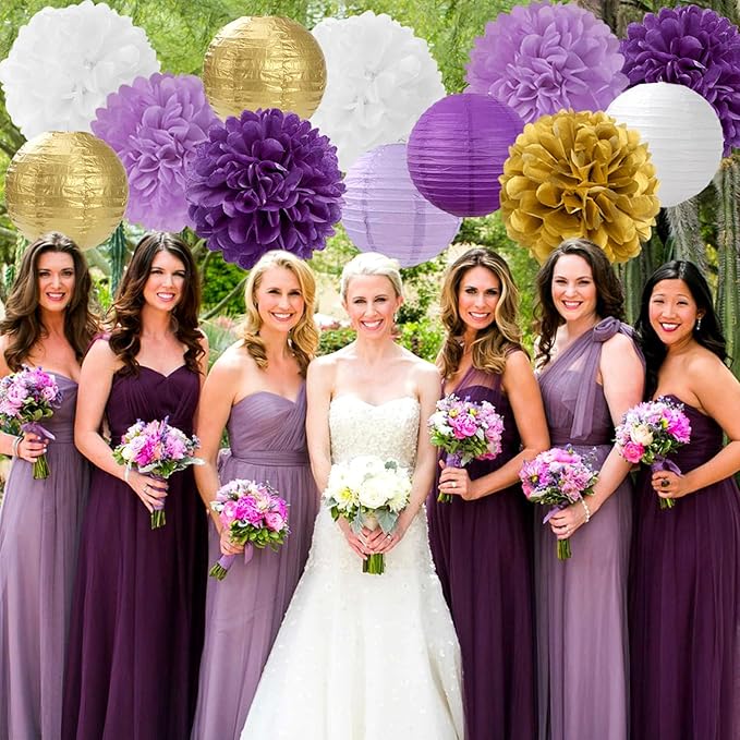 Purple White-Gold Party-Decorations Paper Flowers Lanterns - 15PCS Graduation Lavender Tissue Pom Poms Streamers,Wedding Birthday Bachelorette Baby Shower Classroom Hanging Supplies Decor Hugfond-Ruum Studio Home