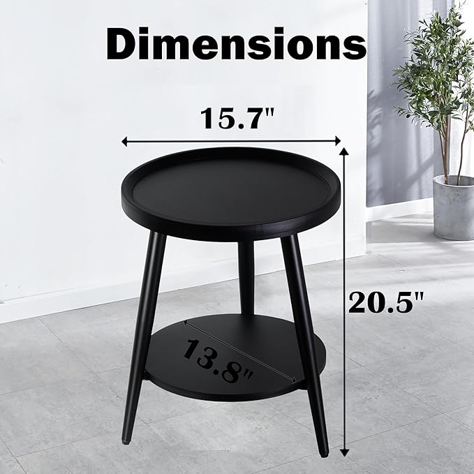 Small Round Side Table, 2-Tier Mid Century Modern Side Table, Round End Table Small Side Table for Living Room, Metal Frames, Black-Ruum Studio Home