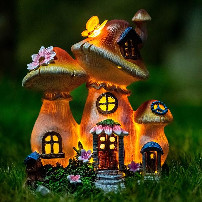 Solar Garden Statue Lights Mushroom Fairy House Figurine, Outdoor Memorial Garden Ornaments Waterproof Decoration for Outside Patio Yard Lawn Decor-Ruum Studio Home