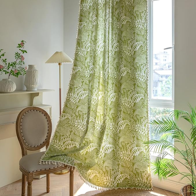 Sutuo Home Boho Curtains 84 Inches Length for Bedroom Living Room, Printed Cotton Linen Rod Pocket Rustic Farmhouse Bohemian Tassels Window Treatment, 1 Panel 59" W x 84" L, Green Botanic Leaves-Ruum Studio Home