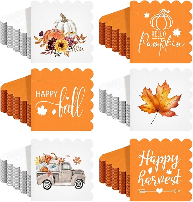 150 Pcs 5 x 5 Inches Fall Thanksgiving Paper Napkins Autumn Pumpkin Scalloped Cocktail Napkins for Decoupage Disposable Autumn Harvest Party Supply Bathroom Table Dessert Dinner Wedding Decor-Ruum Studio Home
