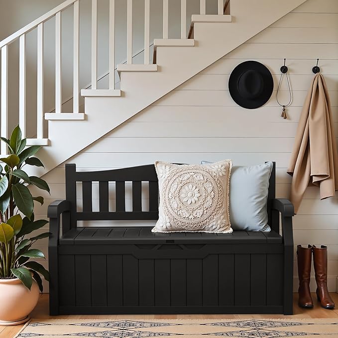 Greesum 80 Gallon Outdoor Storage Bench, Resin Patio Furniture with Armrest,Waterproof and UV-Resistant, Perfect to Garden, Poolside and Lawn, Dark Black-Ruum Studio Home