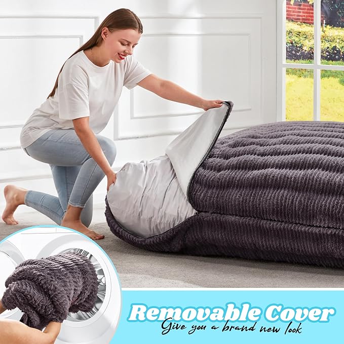 Hobestluk 3 in 1 Bean Bag Chair Giant Bean Bag Chairs for Adults with Ripple Cover Convertible Bean Bag Floor Cushion with Machine Washable Cover for Living Room (Ripple Dark Grey)-Ruum Studio Home