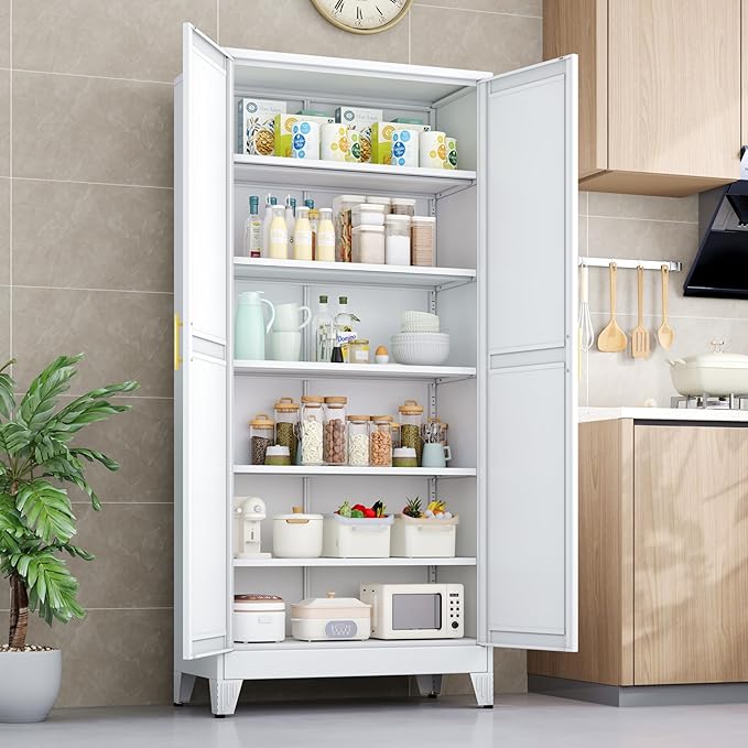 Kitchen Pantry Storage Cabinet with Doors and Adjustable Shelves, Metal ClosetMaid Food Pantry Cabinets, 75" Tall Freestanding Cupboard for Kitchen, Laundry or Utility Room, White-Ruum Studio Home
