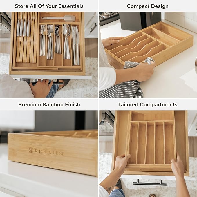 Premium Silverware, Flatware and Utensil Organizer for Kitchen Drawers, Food-Safe Contract Grade, Expandable from 10.5 to 19 In, Natural Bamboo-Ruum Studio Home