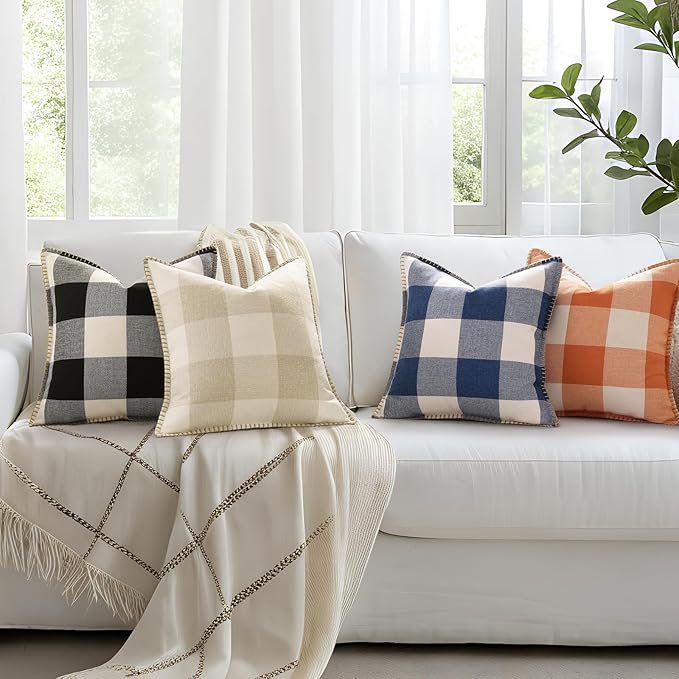 decorUhome Buffalo Plaid Check Throw Pillow Covers 18x18 Set of 2, Outdoor Decorative Farmhouse Neutral Pillow Covers with Stitched Edge for Bed Couch Sofa, Navy Blue and White-Ruum Studio Home