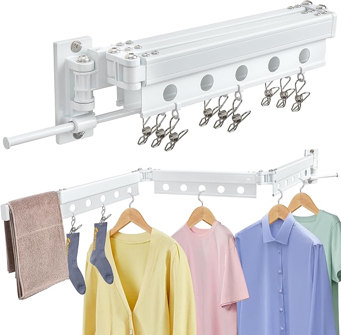 Clothes Drying Rack Wall Mounted, Retractable Space-Saving Foldable Laundry Drying Rack for Indoor & Outdoor Use - Laundry Rooms, Bathroom & Balconies,Includes 10 Clothespins(White)-Ruum Studio Home