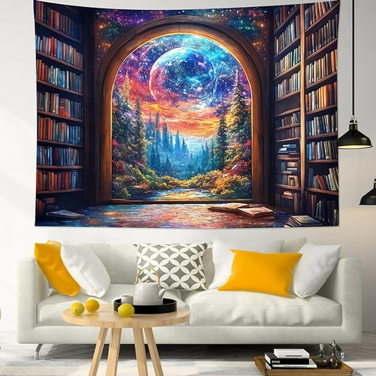 LB Fantasy Bookshelf Moon Tapestry, Trippy Tree and Vintage Library in Forest Wall Tapestry for Bedroom, Galaxy Cool Wall Art for Living Room Dorm Classroom Home Decor Ready to Hanging, 48 x 36 Inches-Ruum Studio Home