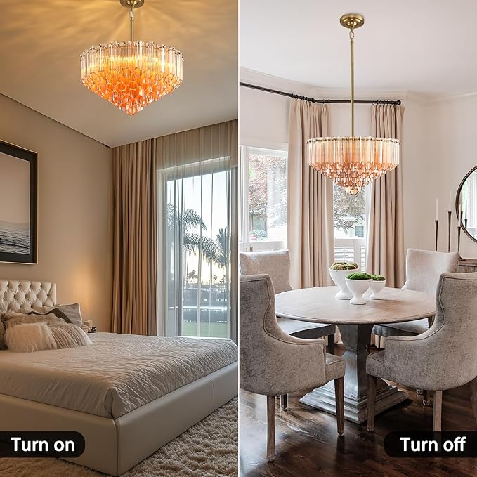 Modern Amber Glass Chandelier, 14" Round Crystal Dining Room Pendant Light Chandelier, Luxury Brass Hanging Fixture for Bedroom, Gold Kitchen Island Light, Dimmable Small Ceiling Lighting Chandeliers-Ruum Studio Home