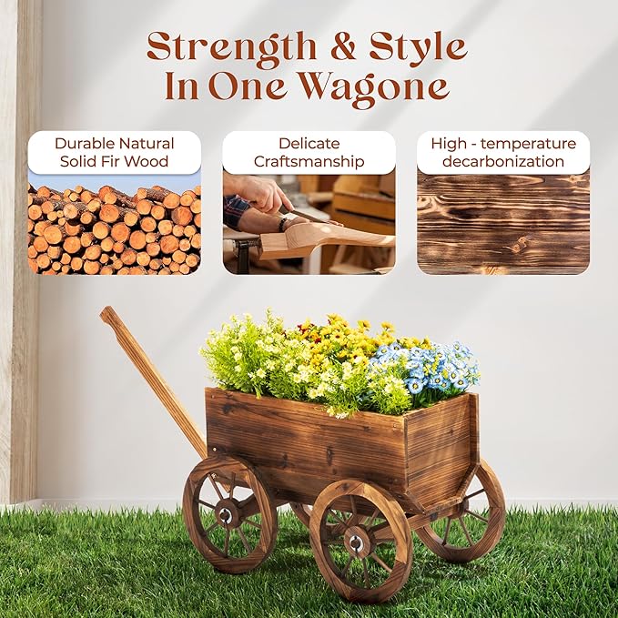 Wood Wagon Planter for Outdoor Balcony Decor - Garden Rustic Wooden Flower Cart with Wheels for Outside - Garden Decor - Amish Decorative Indoor - Wheelbarrow Planter for Patio-Ruum Studio Home
