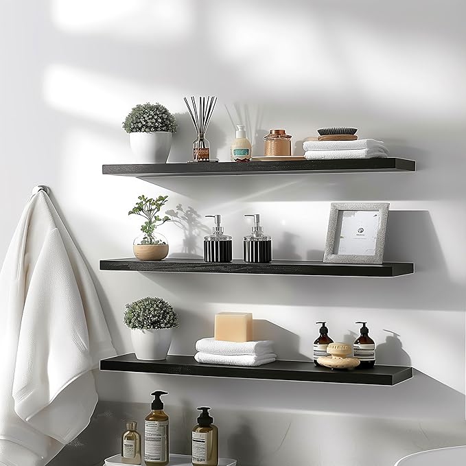 Wood Floating Shelves for Wall Decor, Rustic Wall Shelves for Bedroom Bathroom Kitchen Living Room, Set of 4 Black 36 Inch-Ruum Studio Home