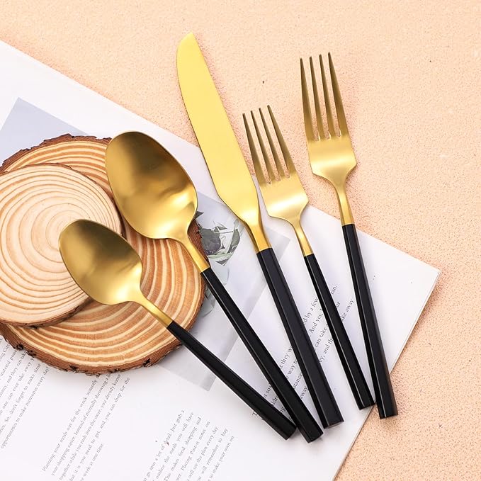 Matte Silverware Set Gold Flatware Set with Hexagon Handle 20 Pieces 18/0 Stainless Steel Cutlery Set Wedding Housewarming Gift Service for 4 (Matt black gold)-Ruum Studio Home