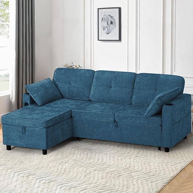 84 Inches Chenille Sectional Sofa w/Pull-Out Sofa Bed & Adjustable Back, Tufted L-Shaped Couch w/Storage Chaise, Sleeper Sectional Sofa w/USB Port & Cup Holders for Living Room, Blue-Ruum Studio Home