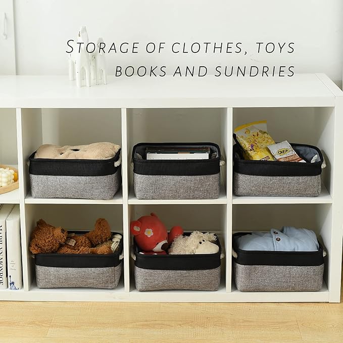TcaFmac Storage Basket for Shelves - Small 6 Pack Fabric Storage Bins for Organizing, Collapsible Storage Cubes with Handle for Closet Cloth Toy Gift Kids (Black & Grey 11.8 x 7.8 x 5.2 inch)-Ruum Studio Home