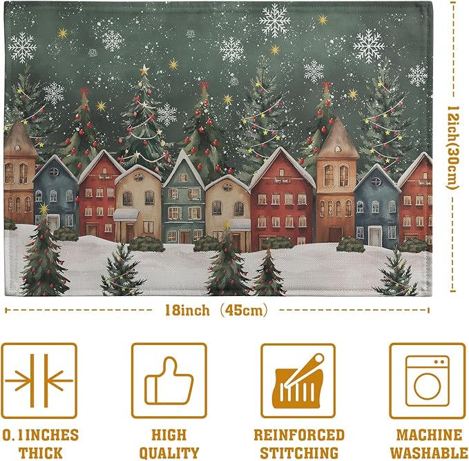 Christmas Placemats 12x18 Inch Set of 4, Winter Xmas Tree Wonderland Forest Village Town House Snowflake Linen Table Mats Washable Place Mats for Party Kitchen Dining Outdoor Indoor Decor-Ruum Studio Home