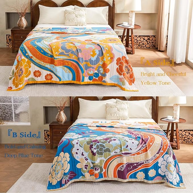 Boho Throw Blanket, Lightweight Blankets for Summer, 100% Cotton Bohemian Decorative Throw Blanket, 80"x90" Reversible Muslin Breathable Woven Farmhouse Blankets Quilt,-Ruum Studio Home