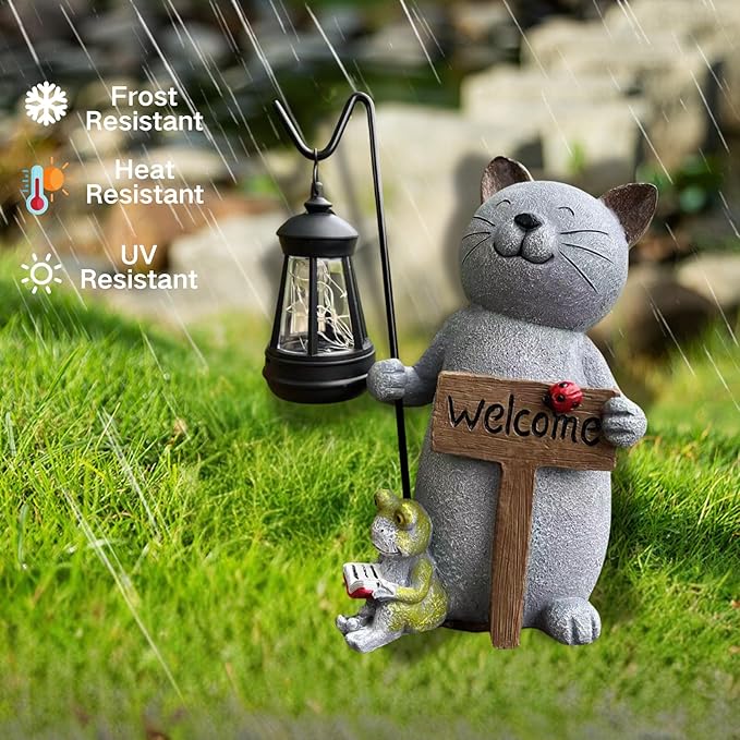 Cat Garden Statue with Solar Lantern: Cat Outdoor Figurine Decorations -Solar Garden Statue Decor for Patio,Balcony,Yard, Lawn - Gift for Mom, Grandma,Women, Housewarming,Birthday-Ruum Studio Home