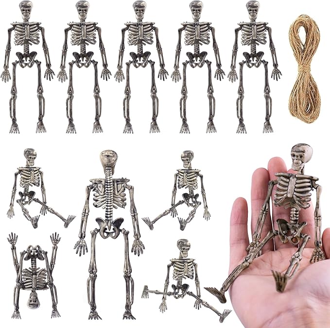 10 Pcs mini skeleton halloween decoration With hemp rope，6”small plastic posable halloween tiny skeleton figurines decor for Halloween Indoor Outdoor Graveyard Decor Haunted House Party Favors-Ruum Studio Home