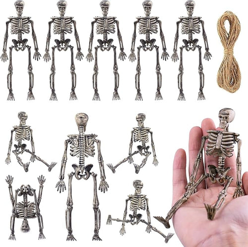 10 Pcs mini skeleton halloween decoration With hemp rope，6”small plastic posable halloween tiny skeleton figurines decor for Halloween Indoor Outdoor Graveyard Decor Haunted House Party Favors-Ruum Studio Home
