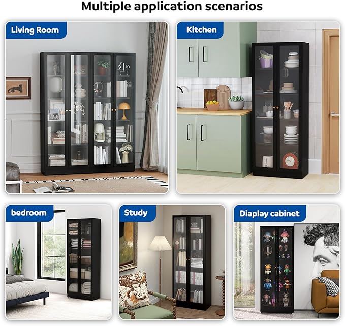 5 Tier Metal Curio Cabinets, Modern Bookshelf Cabinet with 4 Adjustable Shelves, Cabinet Display Case for Home Office, Living Room, Pantry (Black-27.5W)-Ruum Studio Home