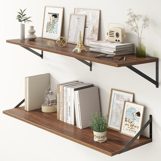 12 Inch Deep Floating Shelves,48W x 12D Floating Shelves, Deep Wall Shelves Bracket Set of 2, Large Display Floating Shelf for Bathroom, Living Room, Wide Storage Wooden Wall Shelf, Walnut-Ruum Studio Home