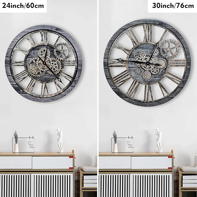 The B-Style Large Real Moving Gears Wall Clock 30 inch Rustic Retro Industrial Farmhouse Wood Clock Oversized Decorative Vintage Wall Clocks for Living Room (Carbon Gray)-Ruum Studio Home