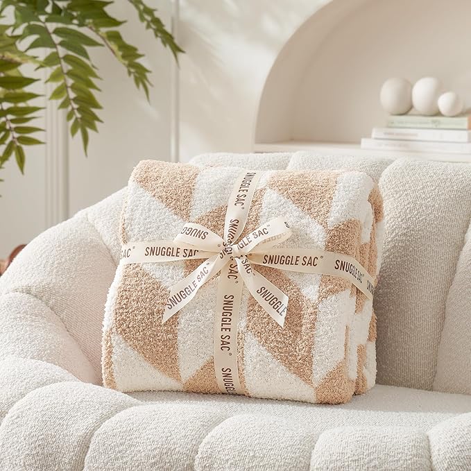 Snuggle Sac Chevron Throw Blanket for Couch, Reversible Super Soft Warm Blankets Cozy Knit Fuzzy Plush Lightweight Throws for Sofa, Bed, Camping, Beige,50x60 inches-Ruum Studio Home